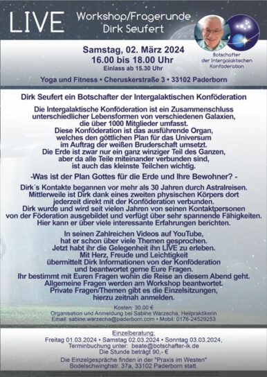 Dirk Seufert kommt vom 01.03.-03.03.2024 nach Paderborn. Am 02.03.204 findet ein Workshop/Fragerunde bei Yoga und Fitness in statt.